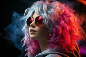 néon perfil retrato do jovem mulher dentro oculos de sol e capuz. estúdio tiro com fumaça dentro cena. ai gerado foto