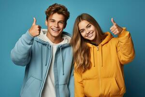 retrato do adolescentes mostrando polegar para cima em azul fundo. ai gerado foto