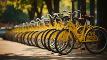 generativo ai, bicicleta partilha sistema, muitos amarelo cidade bicicletas estacionado. saudável ecologia urbano transporte. foto