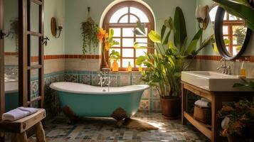 generativo ai, retro boho hotel banheiro, porto rico estilo. brilhante cores e plantas foto