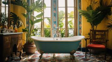 generativo ai, retro boho hotel banheiro, porto rico estilo. brilhante cores e plantas foto