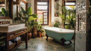 generativo ai, retro boho hotel banheiro, porto rico estilo. brilhante cores e plantas foto
