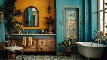 generativo ai, retro boho hotel banheiro, porto rico estilo. brilhante cores e plantas foto