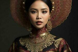 retratos do elegante lindo mulheres dentro tradicional roupas foto