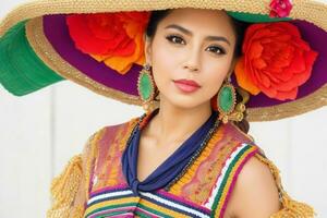 retrato do uma elegante lindo mulher dentro tradicional roupas vestindo uma chapéu foto