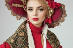 retrato do uma elegante lindo mulher dentro tradicional roupas vestindo uma chapéu foto