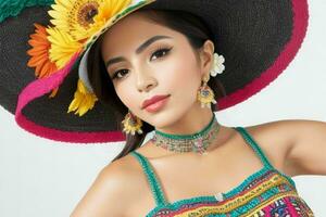 retrato do uma elegante lindo mulher dentro tradicional roupas vestindo uma chapéu foto