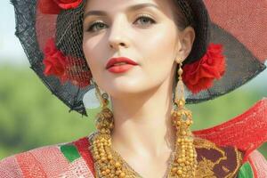 retrato do uma elegante lindo mulher dentro tradicional roupas vestindo uma chapéu foto