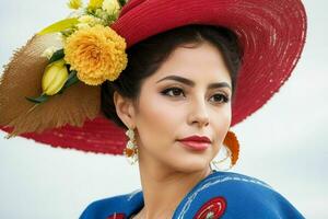 retrato do uma elegante lindo mulher dentro tradicional roupas vestindo uma chapéu foto