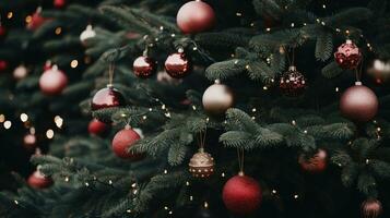 generativo ai, natal e Novo ano bolas dentro a abeto árvore galhos, feriados conceito, festivo inverno estação fundo foto