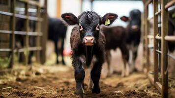 generativo ai, pequeno bezerros olhando às a Câmera em uma fazenda, bebê vacas foto