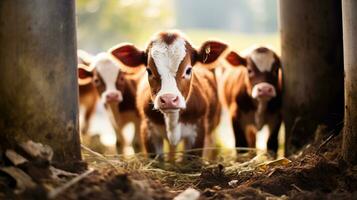 generativo ai, pequeno bezerros olhando às a Câmera em uma fazenda, bebê vacas foto