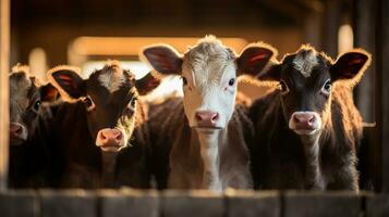 generativo ai, pequeno bezerros olhando às a Câmera em uma fazenda, bebê vacas foto