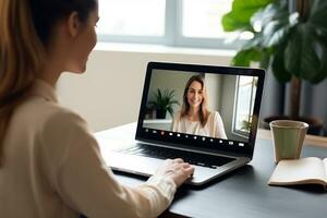 mulher tendo discussão ou rede conferência bater papo. trabalhos ou estude a partir de lar, freelance, conectados vídeo conferência, e-learning, rede bate-papo reunião, distância Educação. ai gerado foto