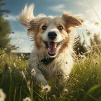 ai generativo Alto qualidade foto do uma feliz cachorro jogando bola em a Relva