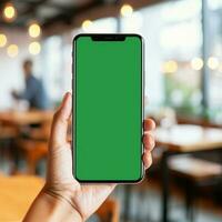 ai generativo Alto qualidade inteligente telefone em mão com verde tela foto