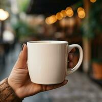 ai generativo mulheres mão segurando uma branco café caneca, fechar - acima, com borrão fundo do cafeteria foto