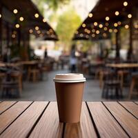 ai generativo Castanho papel café xícara, em uma de madeira mesa, com borrão fundo do cafeteria, hiper realista foto