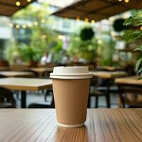 ai generativo Castanho papel café xícara, em uma de madeira mesa, com borrão fundo do cafeteria, hiper realista foto