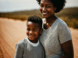 foto do feliz família Preto mãe e filho, generativo ai