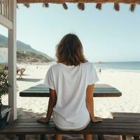 ai gerado mulher sentar em a de praia cafeteria, vestindo uma em branco branco camiseta, voltado para para trás foto