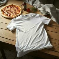 ai gerado em branco branco camiseta deitado dentro uma dormindo posição em uma cozinha mesa, com de várias pizza foto