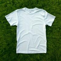 ai generativo Alto qualidade do em branco branco camiseta em a verde grama, perfeito para brincar pré-visualização foto