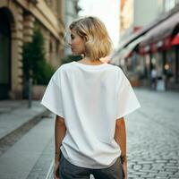 ai gerado menina modelo vestindo em branco branco grande demais t - camisa. la rua. costas visualizar. moderno estilo foto