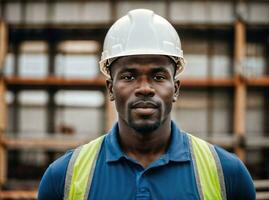 foto do africano Preto homem Como uma construção trabalhador com capacete, generativo ai