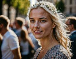 foto do lindo mulher às parada rua dentro Europa país, generativo ai