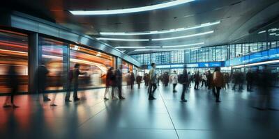 viajantes pressa através a futurista metrô estação. ai gerado foto