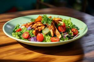 uma prato do vegetal e frango salada em de madeira mesa foto