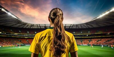 jovem mulher futebol jogador vestindo vívido futebol uniforme. ai gerado foto