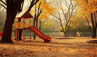 pequeno deslizar em pé orgulhosamente dentro a meio do a outonal crianças' Parque infantil. ai gerado foto