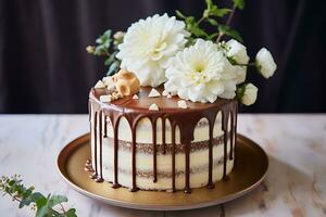 delicioso bolo com branco e Castanho chocolate swirly com flores foto