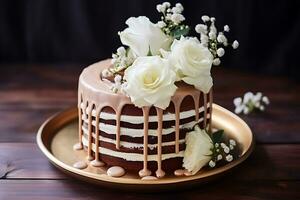 delicioso bolo com branco e Castanho chocolate swirly com flores foto