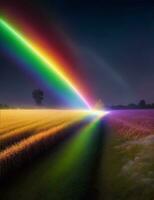 uma à risca do arco Iris luz dentro uma milho campo às noite ilustração foto