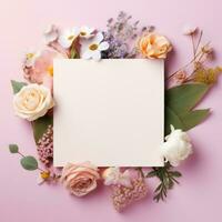 em branco papel cartão em cercar floral, Casamento cartão brincar em pastel cor fundo, ai generativo. foto