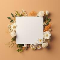 em branco papel cartão em cercar floral, Casamento cartão brincar em pastel cor fundo, ai generativo. foto