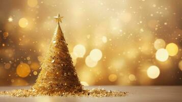 ouro Natal árvore em bokeh fundo, de ai generativo. foto
