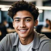 retrato fechar acima do feliz jovem Adolescência às a trabalhando escritório espaço, generativo ai foto