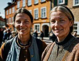 foto do lindo europeu mulher caminhando dentro rua e construção retro estilo, generativo ai