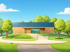 moderno escola construção com lindo natureza paisagem, costas para Educação conceito desenho animado ilustração, ai gerado foto