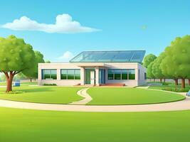 moderno escola construção com lindo natureza paisagem, costas para Educação conceito desenho animado ilustração, ai gerado foto