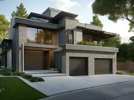 moderno Projeto deluxe casa com Duplo garagem e natural pedra enfeites, ai gerado foto