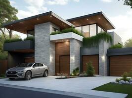 moderno Projeto deluxe casa com Duplo garagem e natural pedra enfeites, ai gerado foto