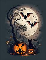 camiseta Projeto dia das Bruxas cena com Preto gatos, aranhas e abóbora, com lindo noturno lua e morcegos dentro a fundo, generativo ai foto