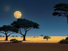 savana panorama com acácia árvores às noite vetor desenho animado ilustração, ai gerado foto