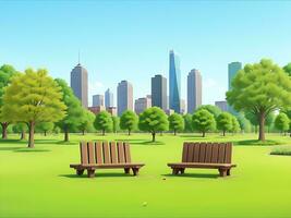 cidade parque com de madeira piquenique mesas e bancos, verde árvores, floração Relva e cidade edifícios em a Horizonte. ai gerado foto