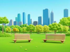 cidade parque com de madeira piquenique mesas e bancos, verde árvores, floração Relva e cidade edifícios em a Horizonte. ai gerado foto